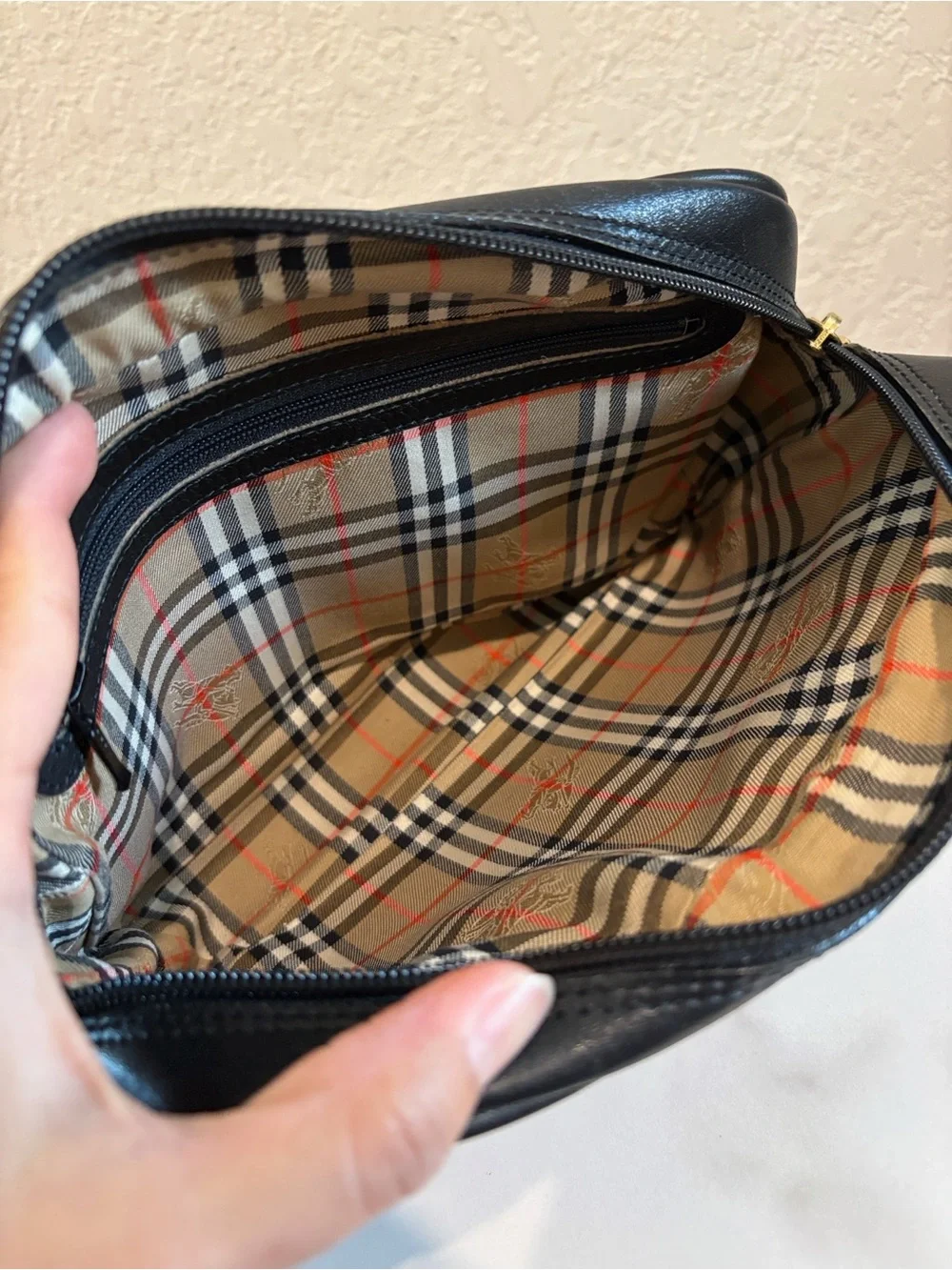 Burberry Vintage Black Pebbled Leather Toiletry Pouch with Wrist Strap